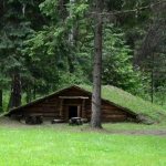 There is a small bathhouse in the forest